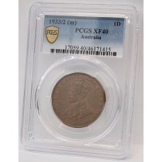 AUSTRALIA 1933/2 . ONE 1 PENNY . VARIETY . OVERDATE . PCGS XF40